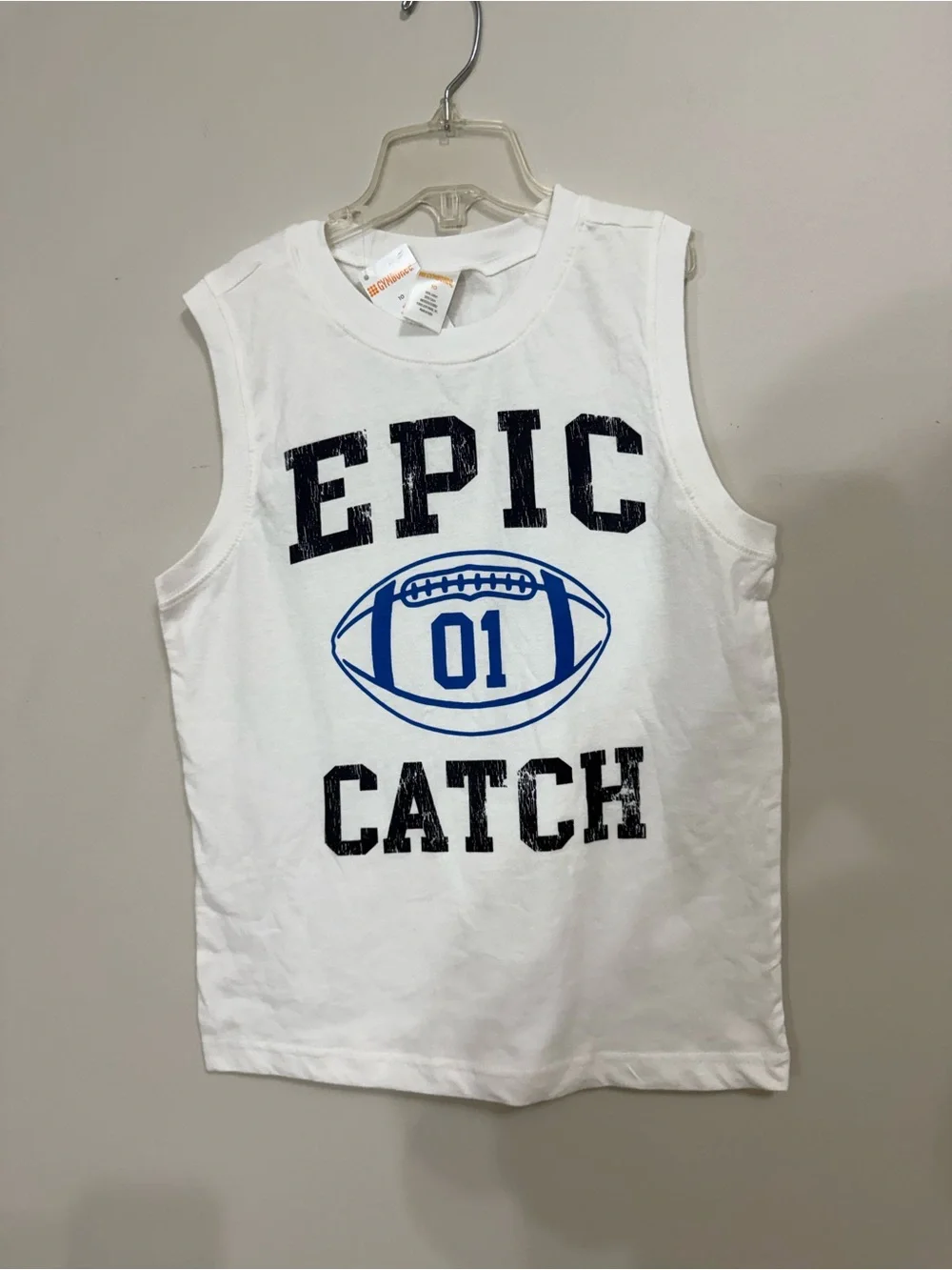 Gymboree Cotton White Tank Top with Navy and Blue Football Graphic Boys 8-9 year